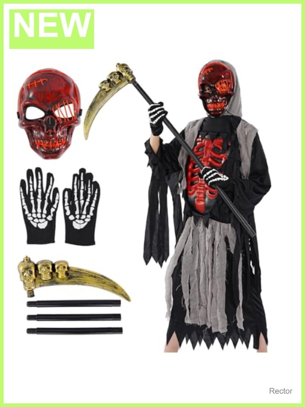 Grim Reaper Costume Set Kids LED Skull Mask Hooded Cloak Scythe Gloves Halloween